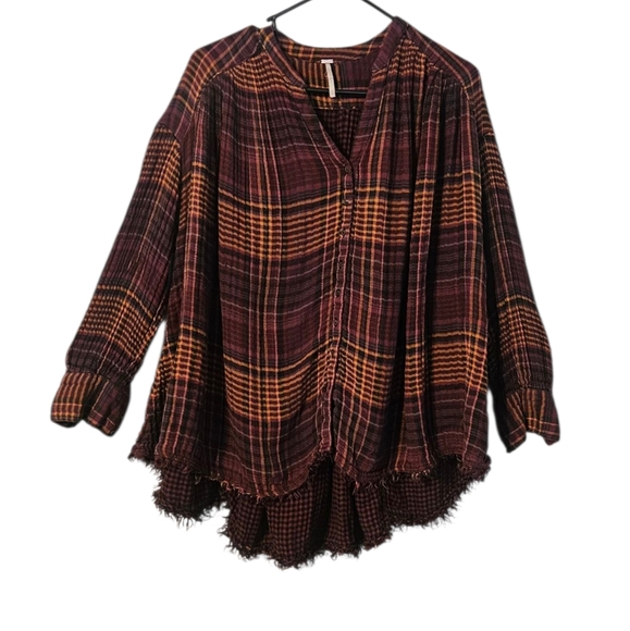 Free People Wome's Come On Over Oversized Plaid Shirt top Size XS boho - Picture 1 of 5